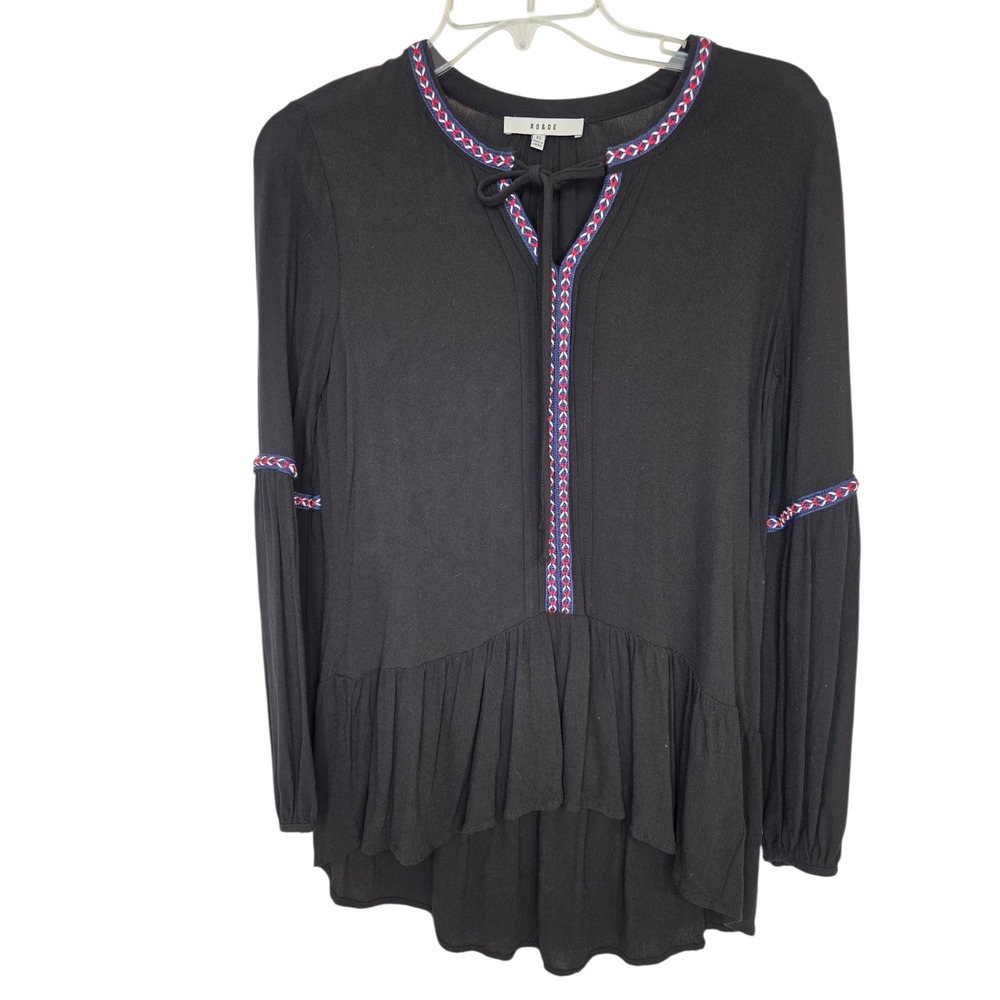 RO DE‎ Anthropologie Black Embroidered Tie Neck Peplum Tunic Top Women's XS